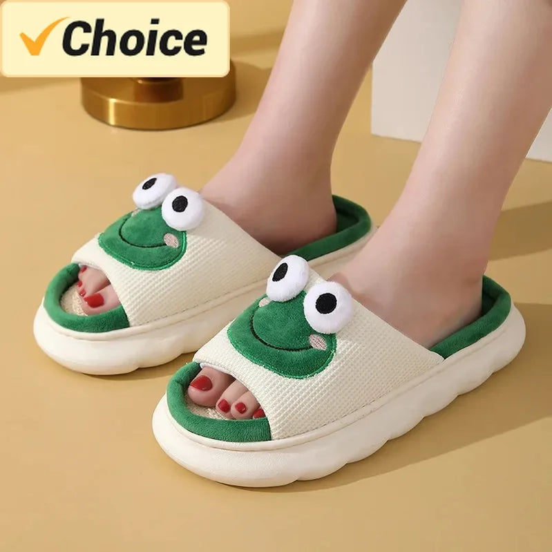 Men Women Home Linen Slippers Four Seasons Adults Home Sandals Couples Cute Frog Shoes Soft Cartoon Flip Flops Indoor Slides