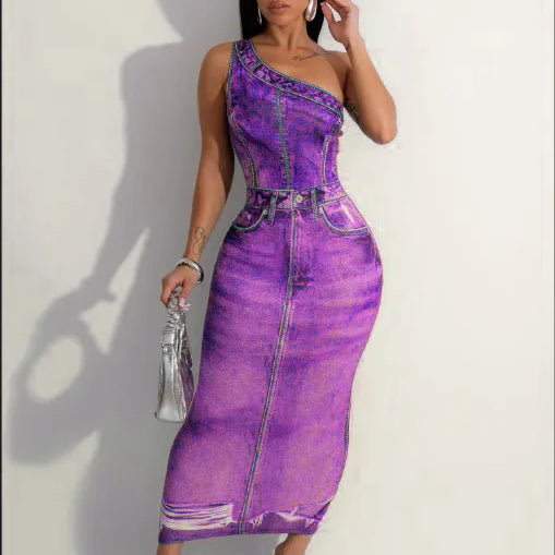 CM.YAYA Women Fake Jean 3D Printed One Shoulder Sleeveless Bodycon Midi Maxi Dress 2024 Club Sexy Party Long Dresses Vestido