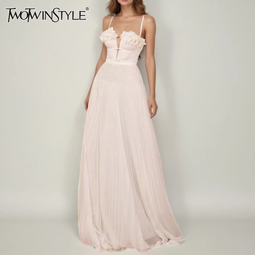 TWOTWINSTYLE Solid Spliced Appliques Elegant Dresses for Women Deep V Neck Sleeveless Patchwork Folds Dress Female Fashion New
