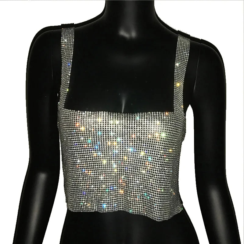 Bling Rhinestones Party Crop Top Fashion Solid Backless Straps Full Diamonds Sequins Cami Cropped Top for Women Silver