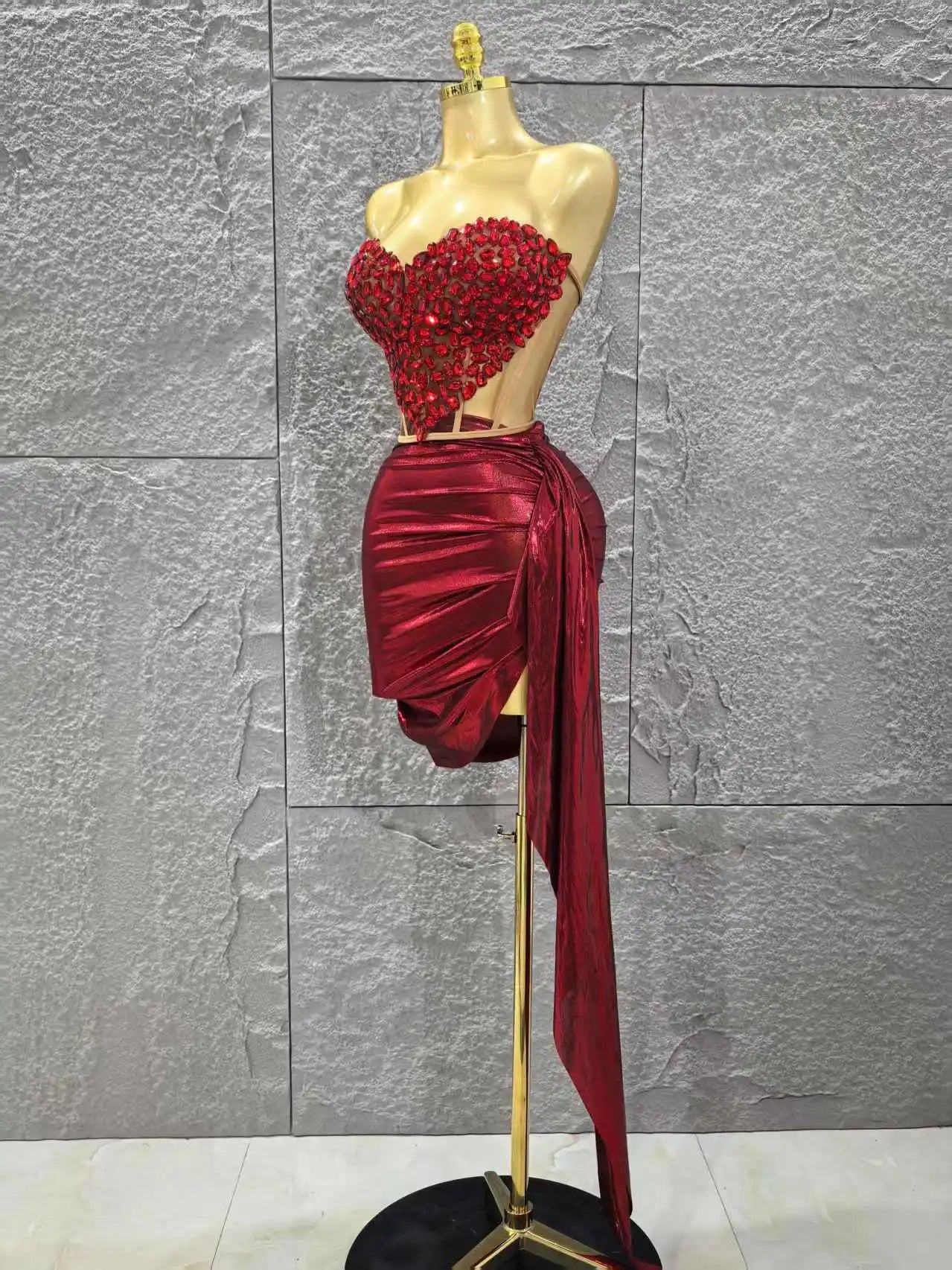 Shinning Crystal Women Sexy Strapless Laced-up 2 Pieces Bodycon Mini Dress Celebrate Nightclub Party Bar Singer Stage Wear