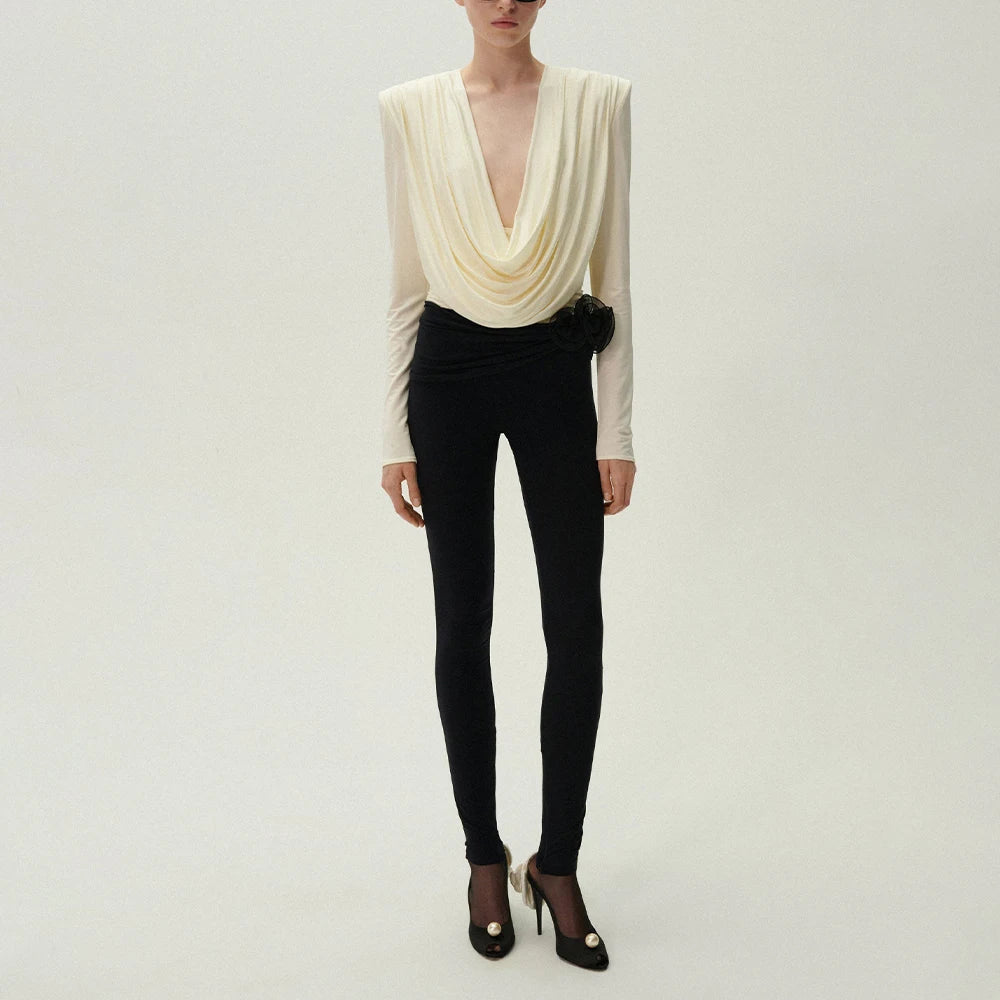 Slim Two Piece Set For Women Swinging Collar Long Sleeve Top High Waist Spliced Appliques Pant Casual Sets Female