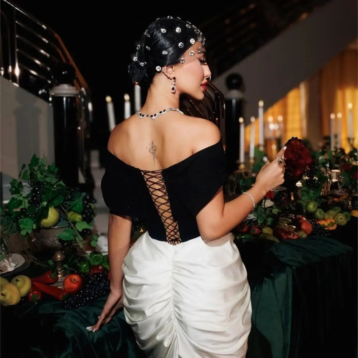 Sexy Off The Shoulder Package Hips Black Patchwork White Floor Length Dress Graceful Woman Party Dress Cocktail Party Outfit