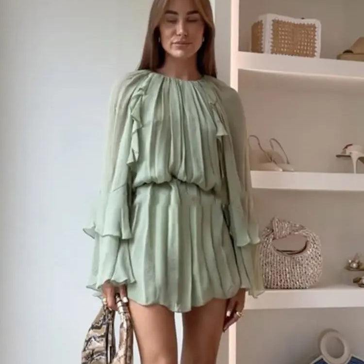 Chiffon Green Ruffles Mini Dresses Women Elegant Long Sleeve A Line Beach Robe Fashion Lady Ruffles Holiday Summer Party Vestido