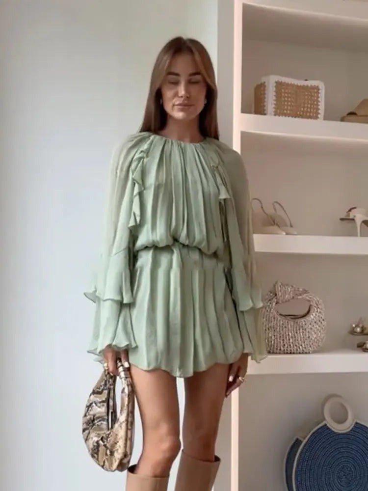 Chiffon Green Ruffles Mini Dresses Women Elegant Long Sleeve A Line Beach Robe Fashion Lady Ruffles Holiday Summer Party Vestido