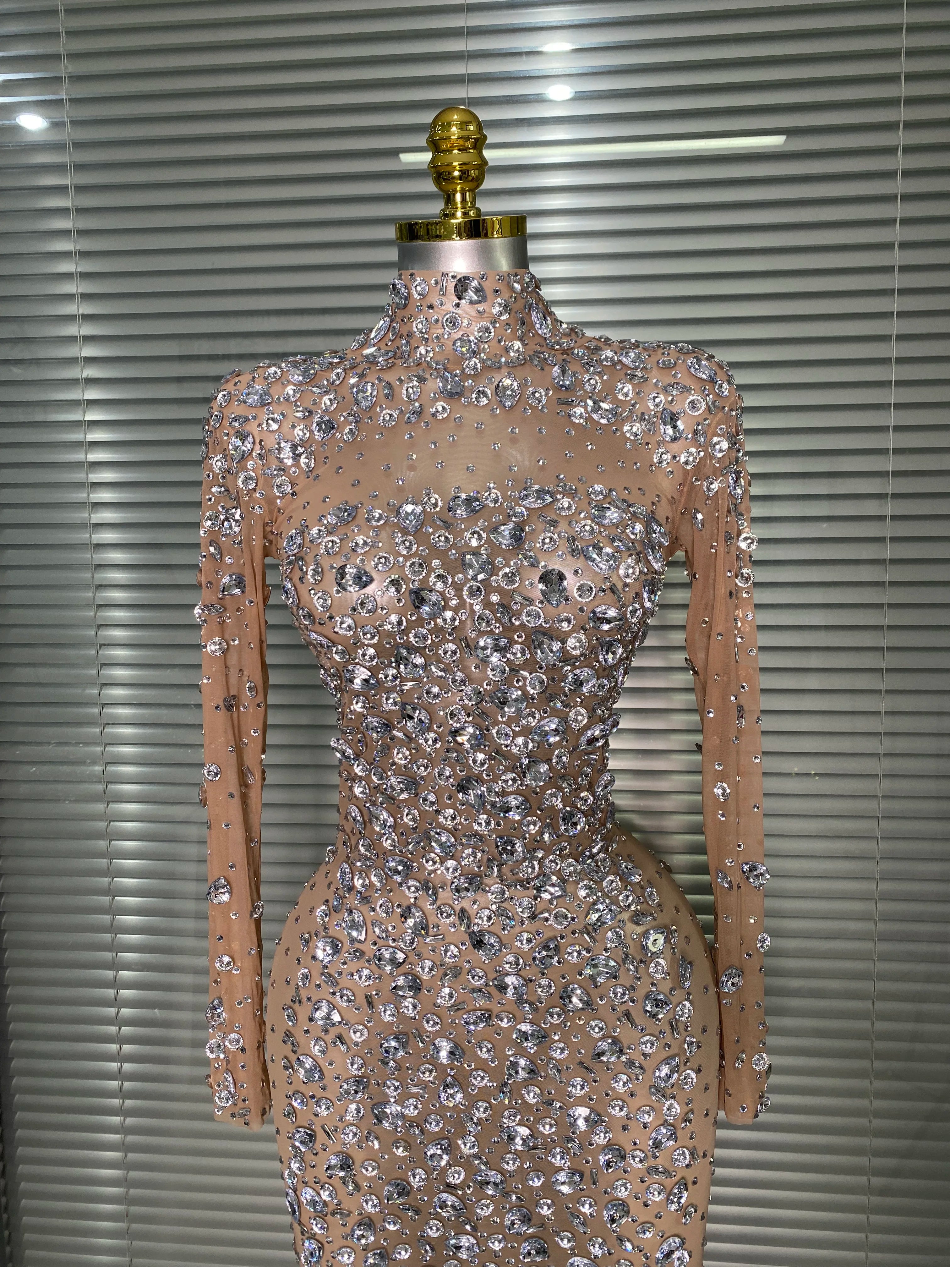 New Women Sexy Long Sleeve See Through Crystal Diamonds Maxi Dress Birthday Party Costume Bar Skin Singer Stage Costume