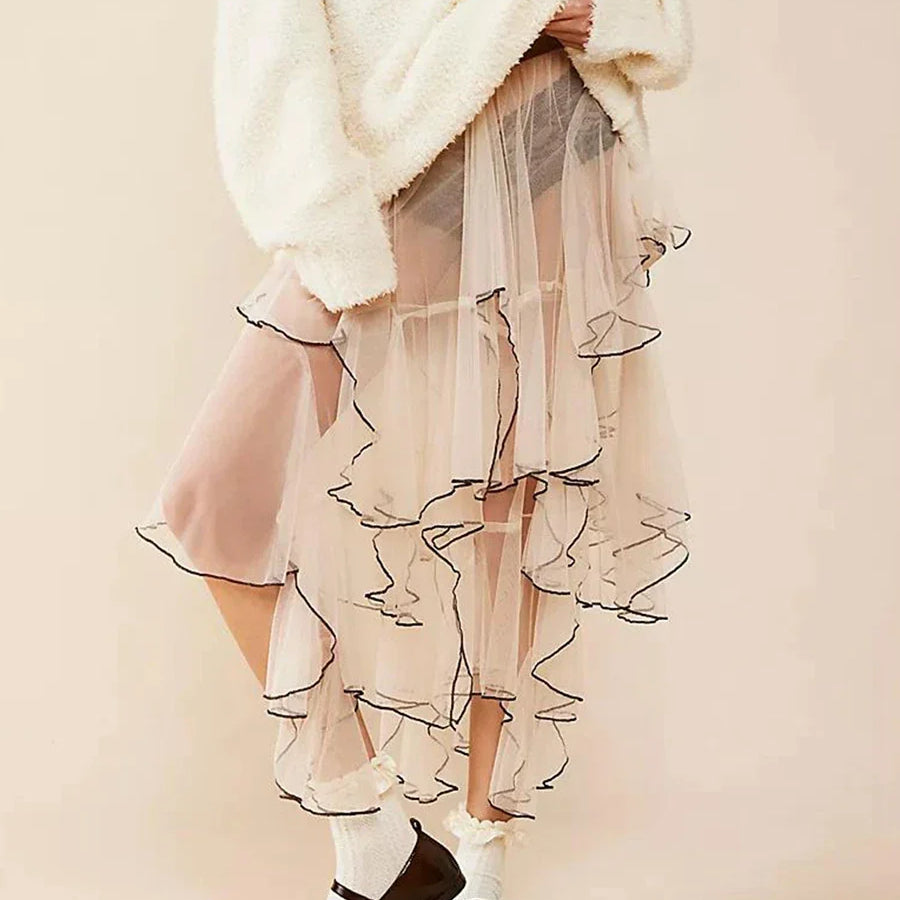 Women Lace Long Skirt Mesh Sheer High Waist Asymmetrical Hem A-line Midi Skirt Y2K Summer Beach Party Maxi Skirts Streetwear WHITE