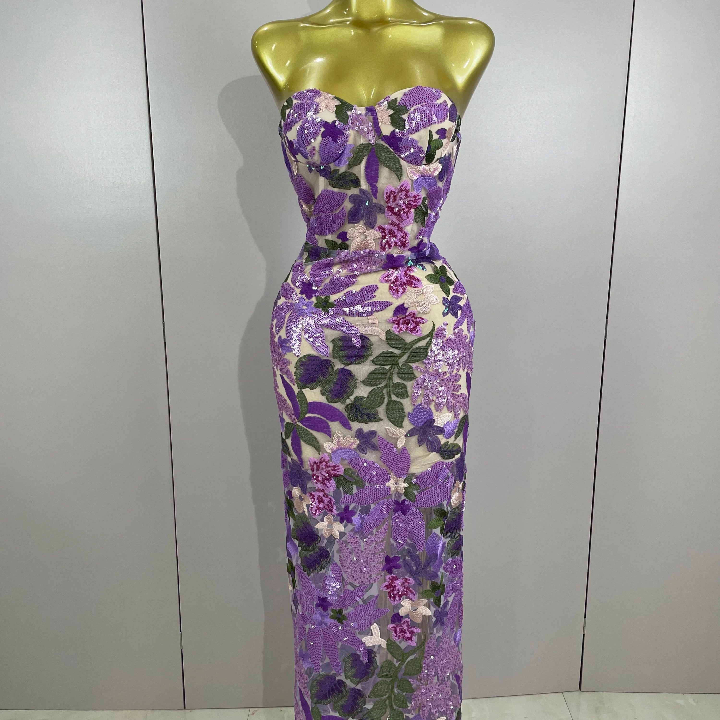 2025 New Sexy Strapless Floral Sequin Long Dress Women Sequins Flower Backless Long Slim Dress Evening Party Runway Gown Dress