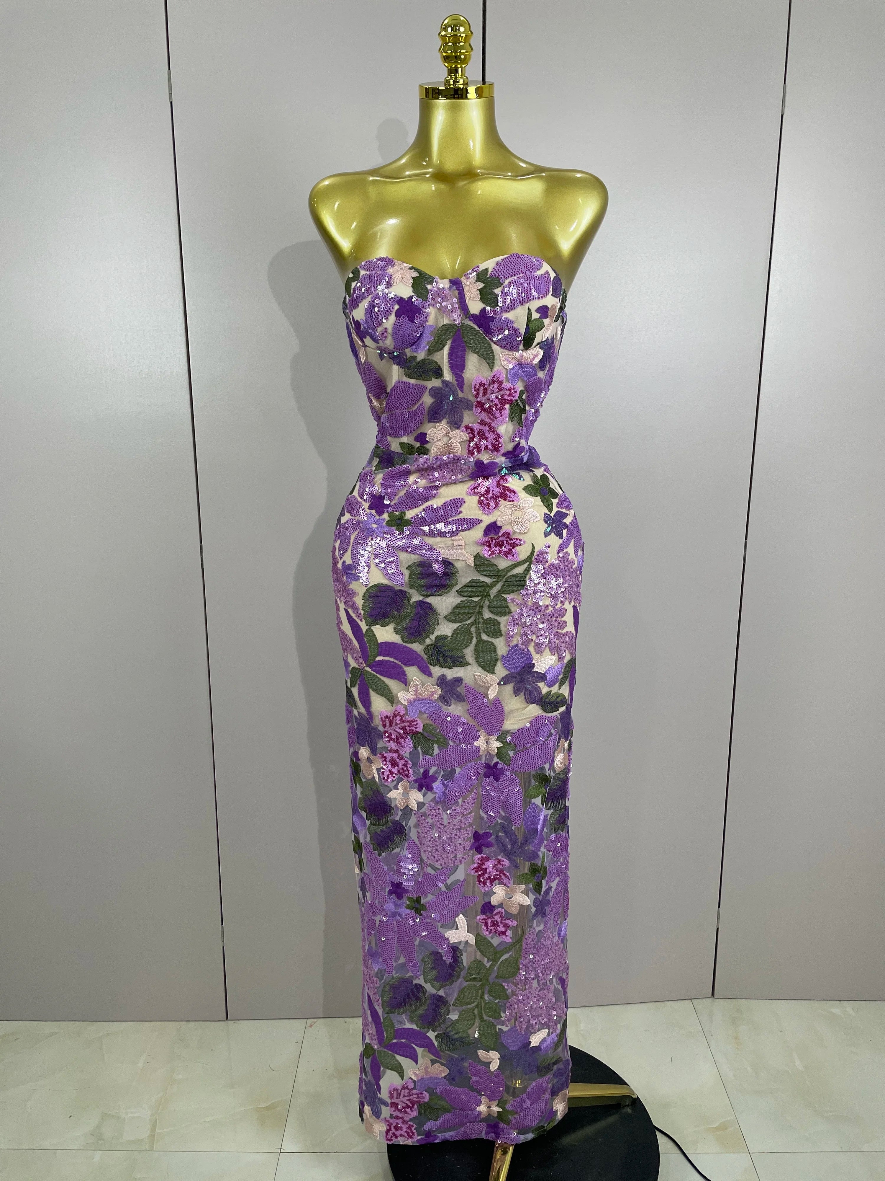 2025 New Sexy Strapless Floral Sequin Long Dress Women Sequins Flower Backless Long Slim Dress Evening Party Runway Gown Dress