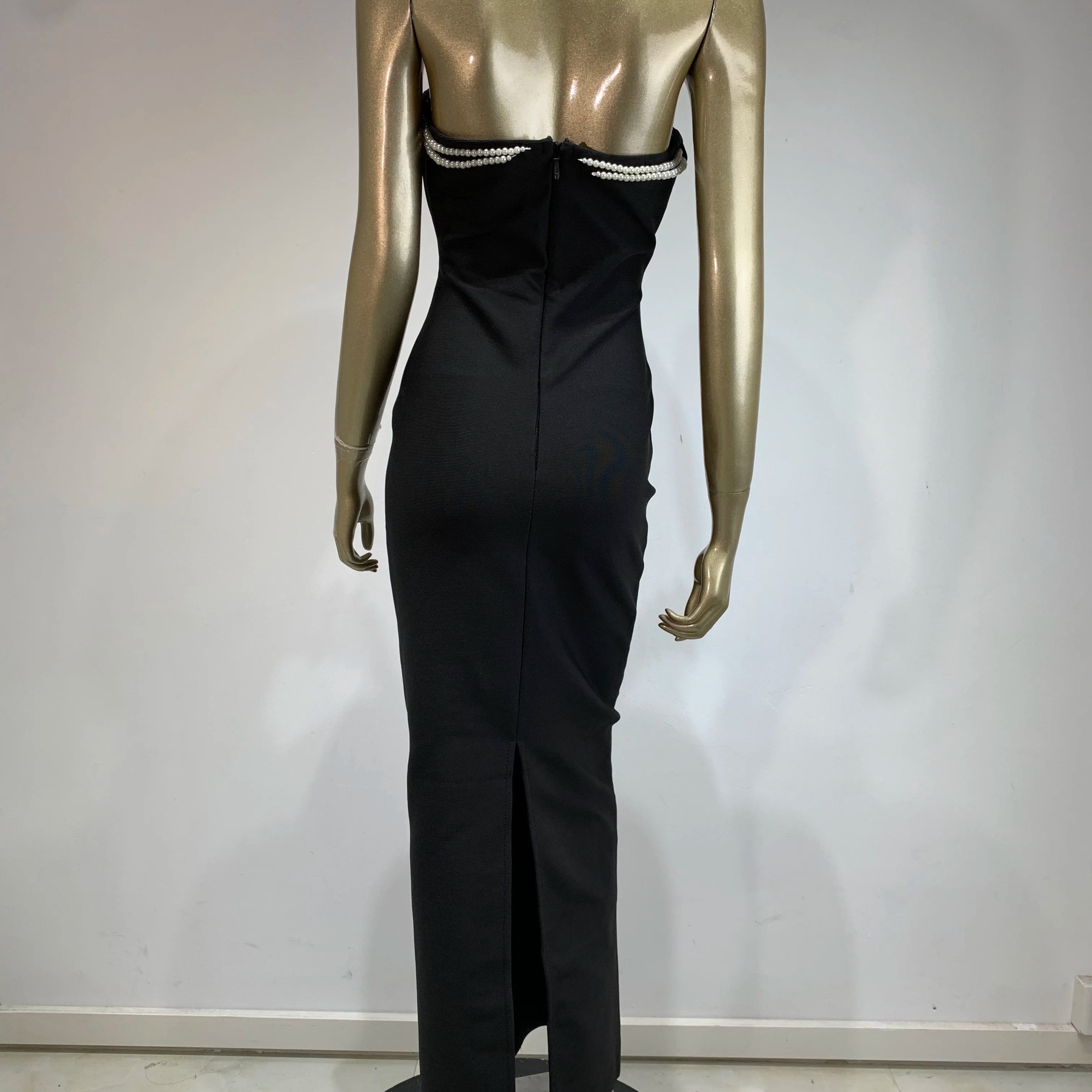 Women Celebrity Sexy Strapless Backless Pearl Black Maxi Long Bodycon Bandage Dress 2025 Elegant Evening Club Party Outfit