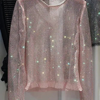Ladies Temperament Rhinestone Round Neck Long Sleeve Bright Starlight Hollow Shiny Bottoming Shirt Women's Top Trend Pink One Size