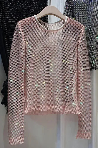 Ladies Temperament Rhinestone Round Neck Long Sleeve Bright Starlight Hollow Shiny Bottoming Shirt Women's Top Trend Pink One Size