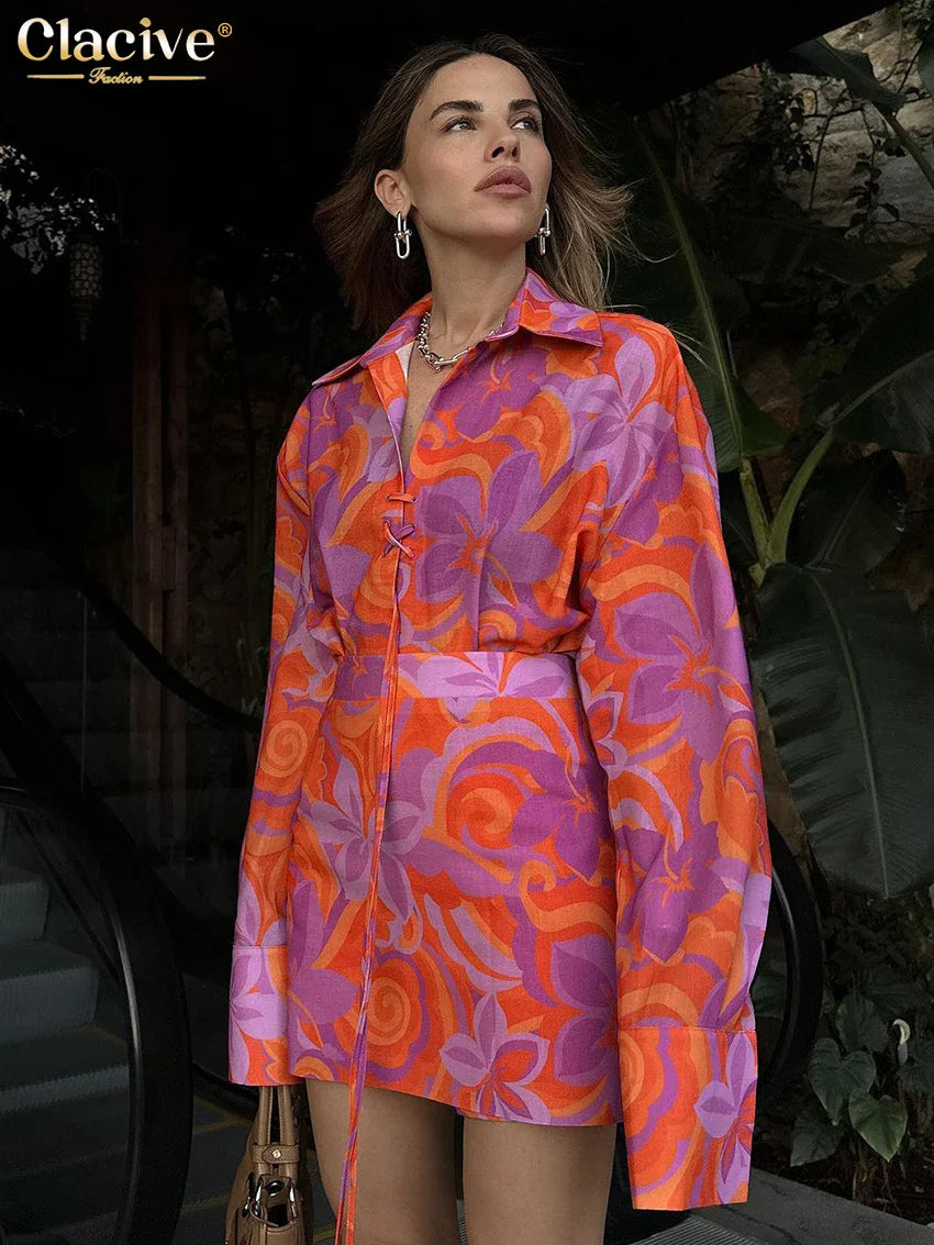 Clacive Fashion Loose Print 2 Piece Sets Women Outfit Elegant Long Sleeve Shirt With High Waist Mini Skirts Set Streetwear Orange CN