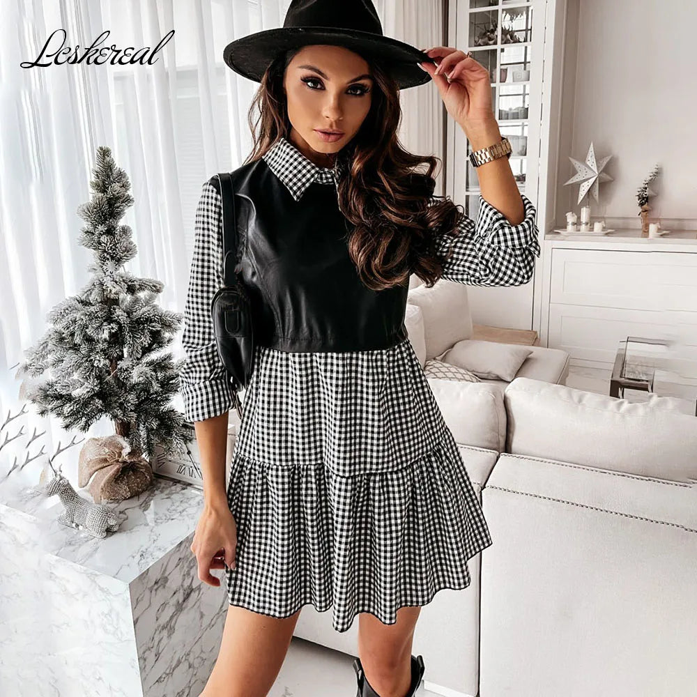 Casual Long Sleeve White Shirt Dress For Women Autumn PU Leather Patchwork Plaid Sweet Office Ladies Mini Dresses Vestidos