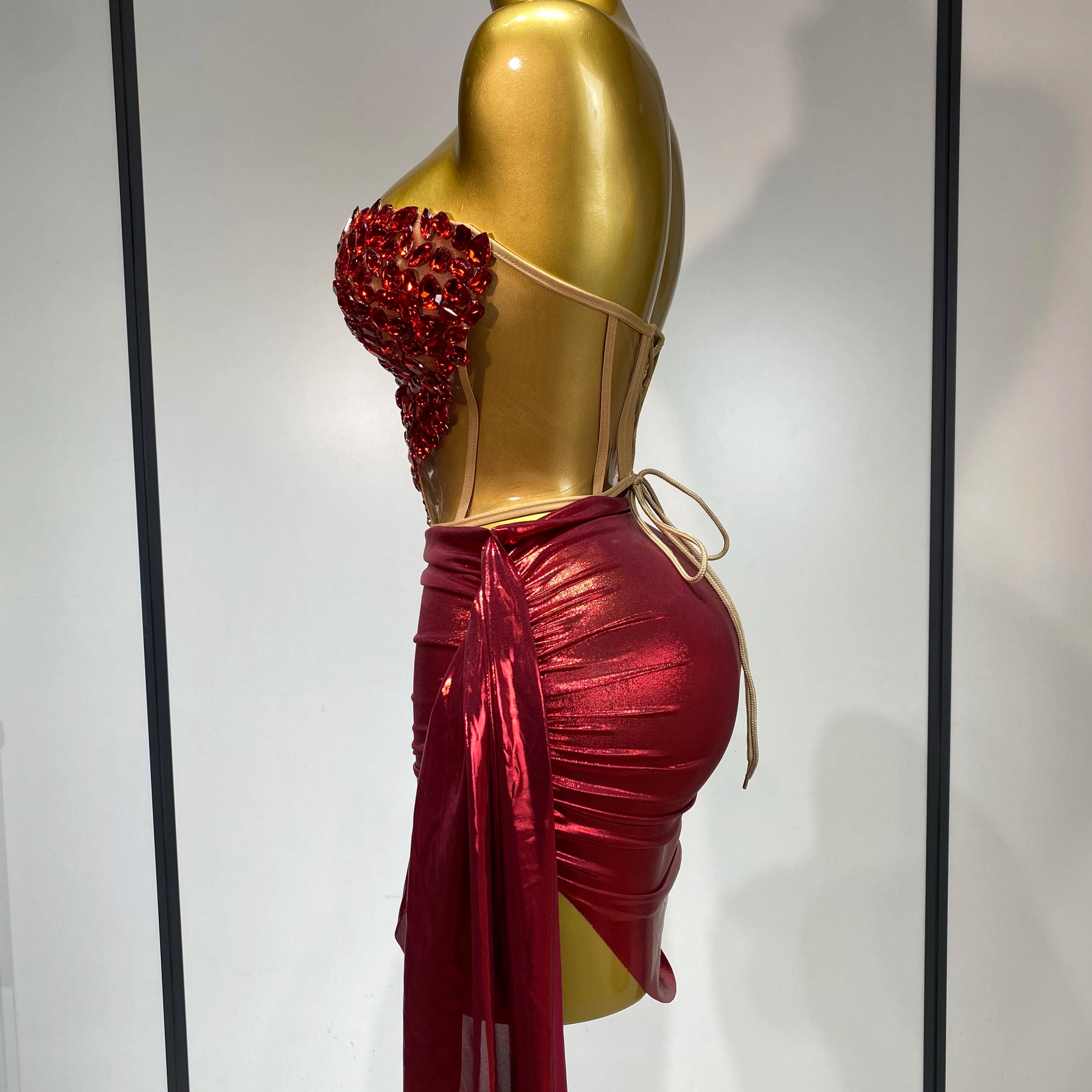 Sparkly Red Diamond Sexy Top Two Pieces Set Women Celebrate Party Luxury Birthday Nightclub Performance Dancer Stage Outfit