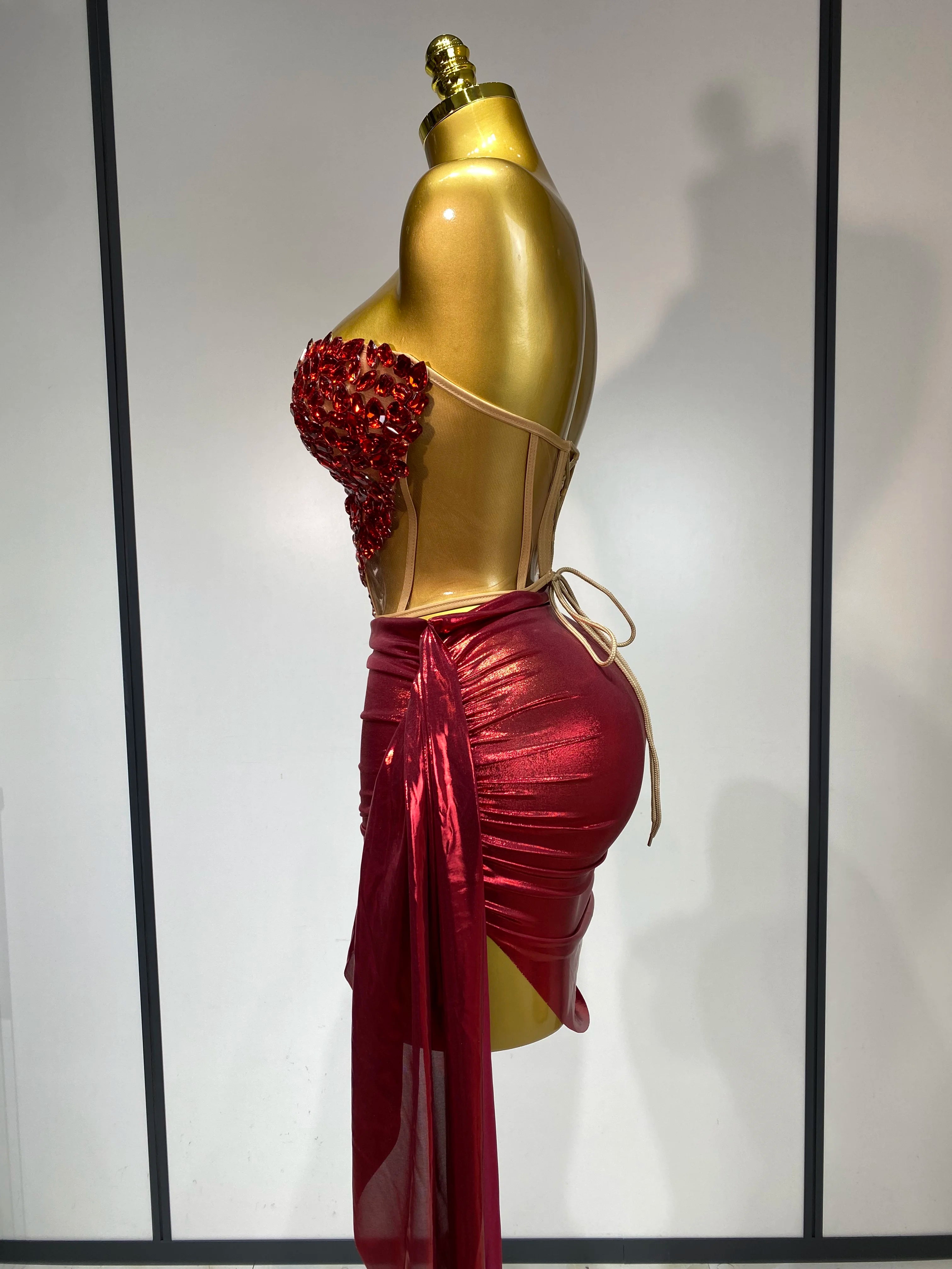 Sparkly Red Diamond Sexy Top Two Pieces Set Women Celebrate Party Luxury Birthday Nightclub Performance Dancer Stage Outfit