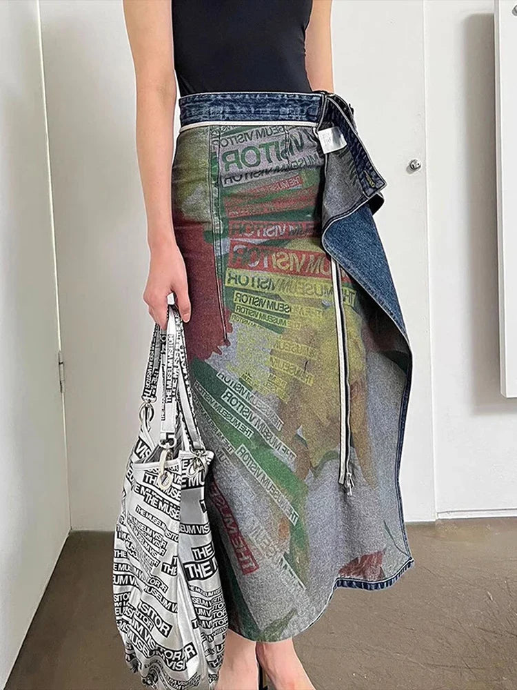 DEAT Fashion Women's Denim Skirt Double-sided Irregular Print Washed Zip Spliced Mid-calf Cotton Skirts Autumn New 7AB224