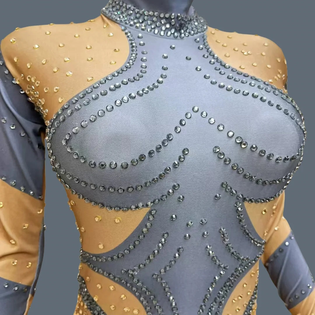 Sparkly Rhinestones Jumpsuit Gloves for Women Sexy Stretchy Performance Dance Costume Nightclub Jumpsuit Show Stage Wear Dudou