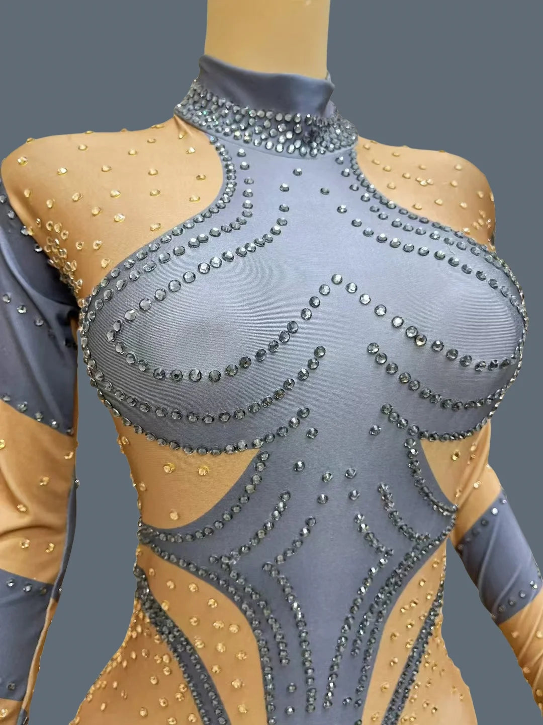 Sparkly Rhinestones Jumpsuit Gloves for Women Sexy Stretchy Performance Dance Costume Nightclub Jumpsuit Show Stage Wear Dudou