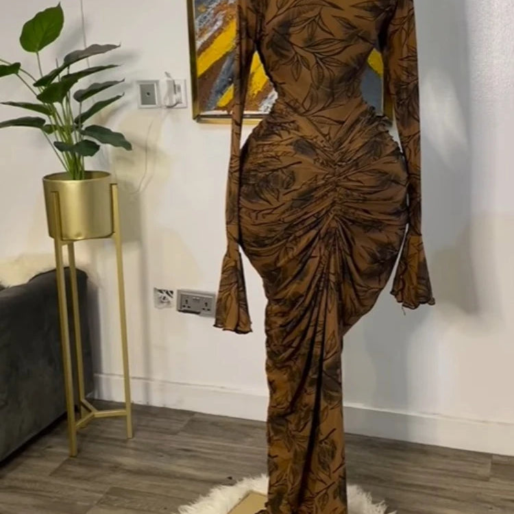 CM.YAYA Women Leaf Printed Stacked Ruched Draped V-neck Maxi Long Bodycon Dress 2025 Holiday Birthday Club Party Evening Dresses