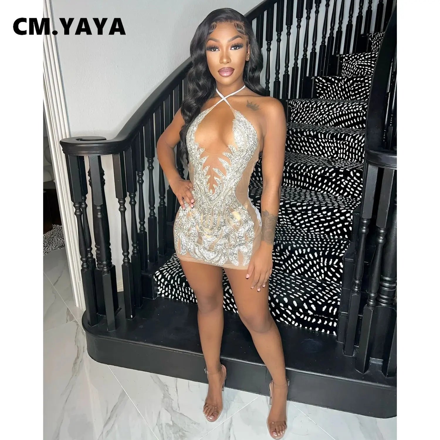 CM.YAYA Women Mesh See Though Diamonds Hot Rhinestones Halter Neck Backless Bodycon Midi Dress 2023 Sexy Party Evening Dresses
