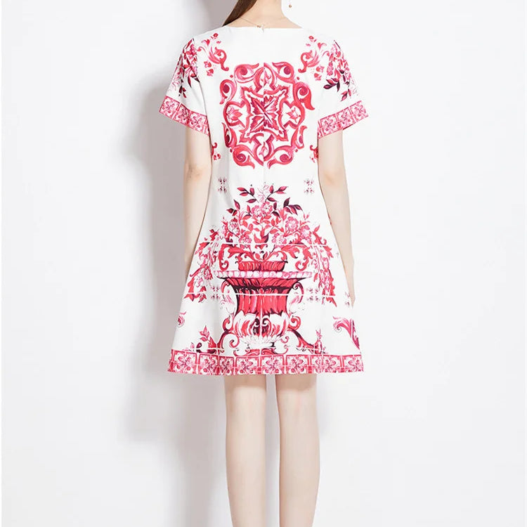 JAMERARY Summer Runway Fashion Red Blue White Porcelain Floral Dress Women's Short Sleeve Flower Printing A Line Mini Vestidos