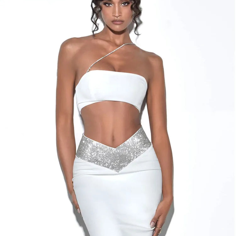 Women Summer Sexy One Shoulder Crystal Diamonds White Black Two Piece Long Bandage Set Celebrity Evening Party Women's Set