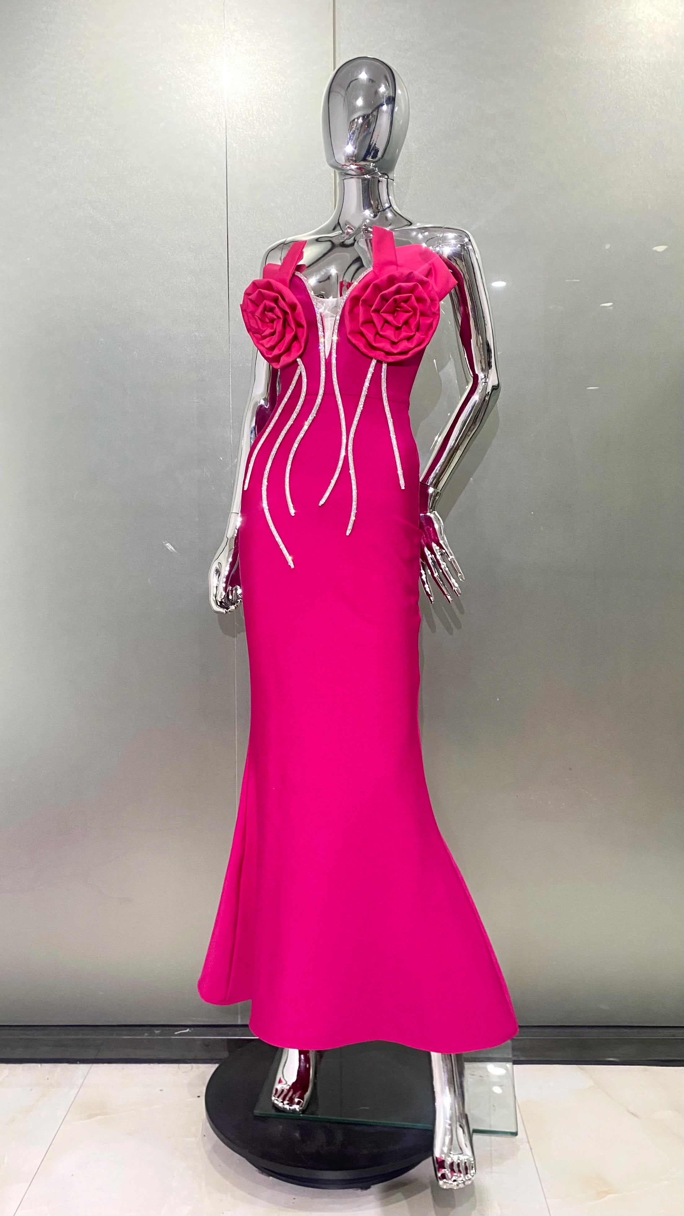 Rosered Color Women Sexy Strapless Florals Bodycon Long Bandage Dress Fashion Celebrate Nightclub Party Birthday Dress