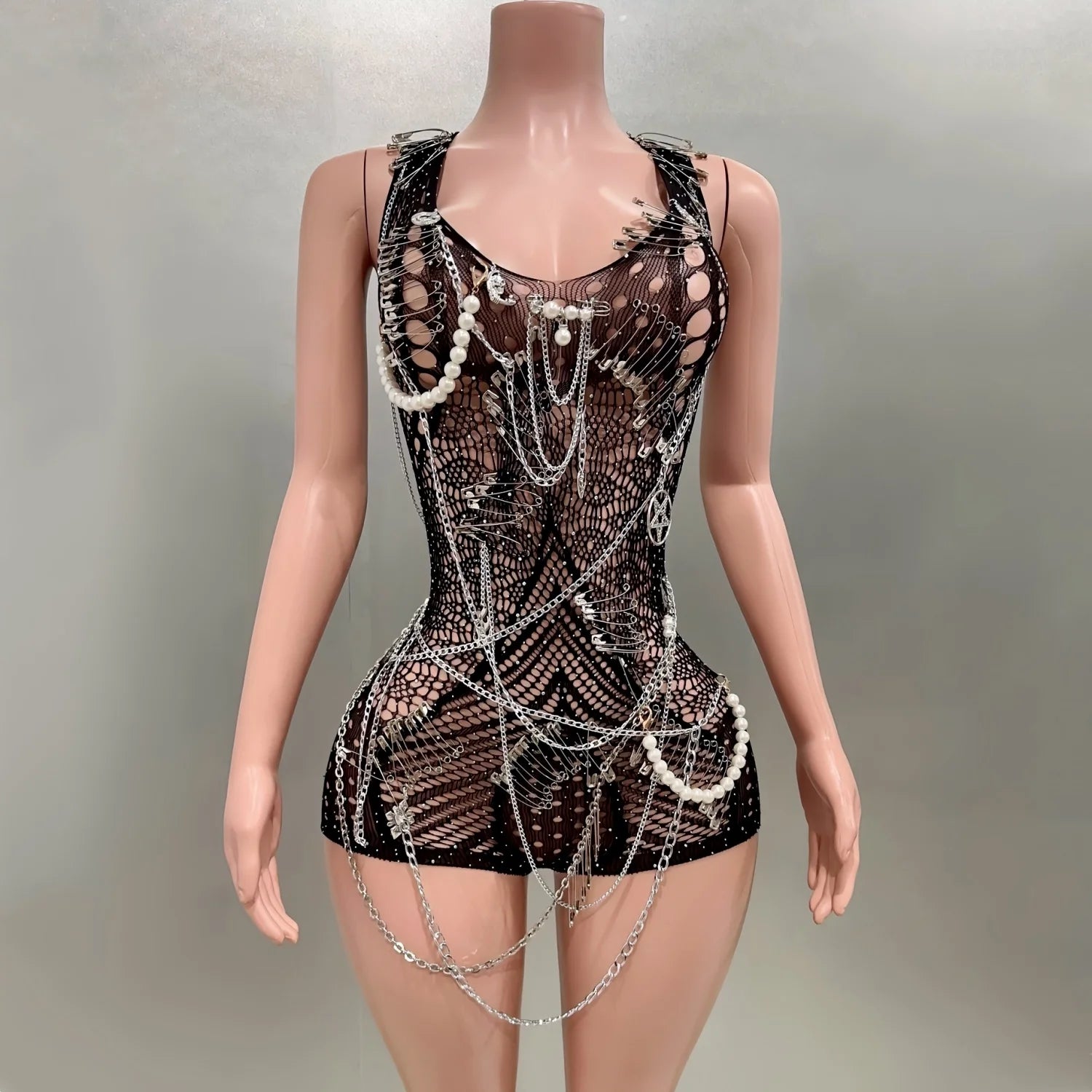 Celebridade Moda Boate Festa Aniversário Roupas Mulheres Sexy Malha Transparente Bodycon Beading Playsuit Performance Costume