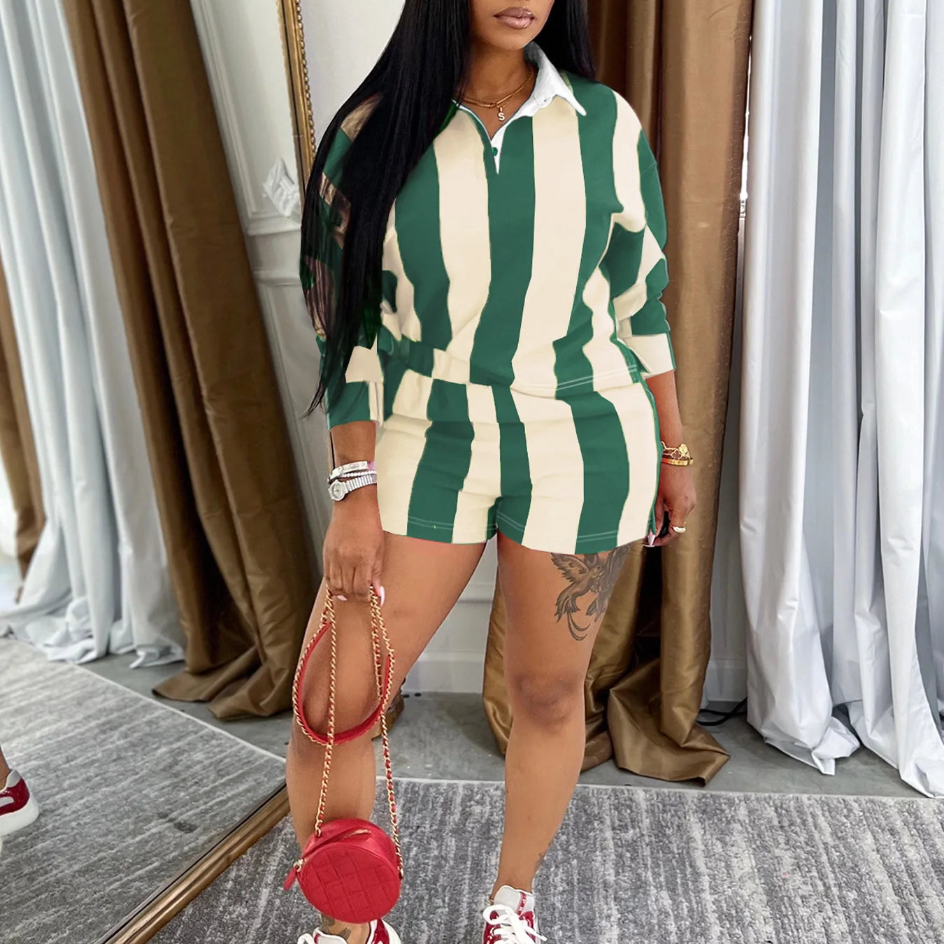 CM.YAYA Striped Women's Set Pleated full Sleeve Turn-down Collar Polo-t-shirt and Shorts 2025 Two 2 Piece Sets Outfit Tracksuits