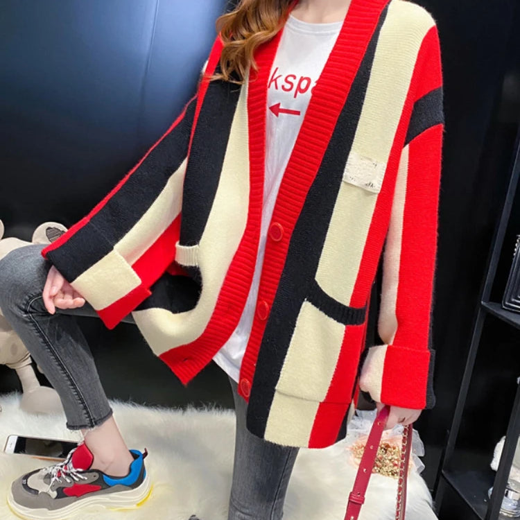 Cardigan Women 2024 Autumn Winter Loose Sweater Coat Stripe Color Matching Knitted Cardigan Long Sleeve Tops Women's Clothing