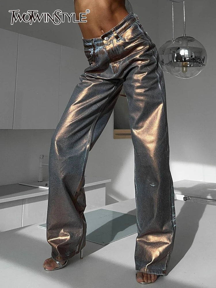 Colorblock Patchwork Pocket Jeans For Women High Waist Spliced Button Streetwear Straight Pants Female Fashion New