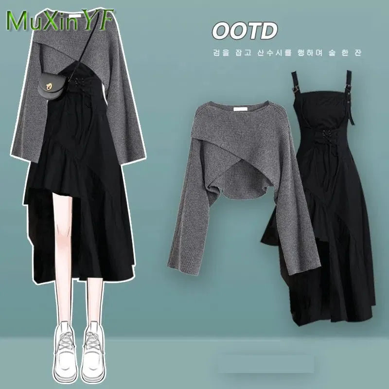 Kvinners motekjole Matching Set Autumn Winter New Chic Knitted Sweater Sling Skirt Todistikk Koreansk elegant klærdrakt