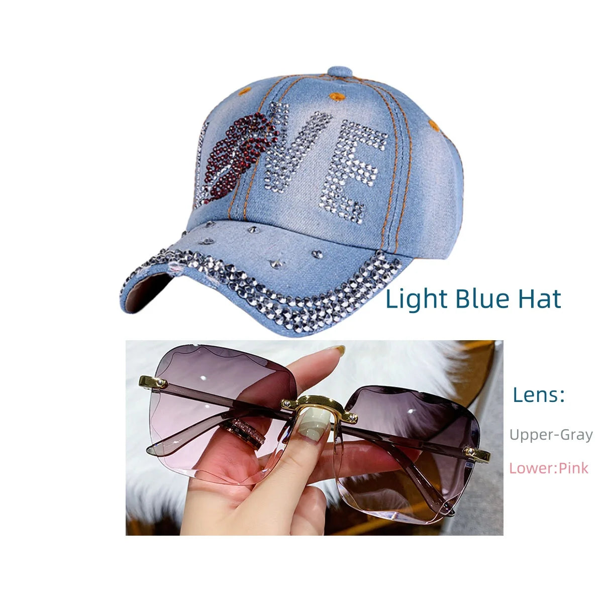 Fashion Sunglasses+Rhinestone Hat Butterfly / Star / Crown/Love Denim Baseball Spring Summer Outdoor Hat Peaked Cap LOVE Hat Light Blue