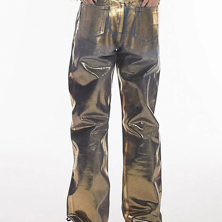 American Metallic High Waist Straight Jeans Women 2024 Fashion Printing Loose Wide Leg Denim Trousers Party Clubwear