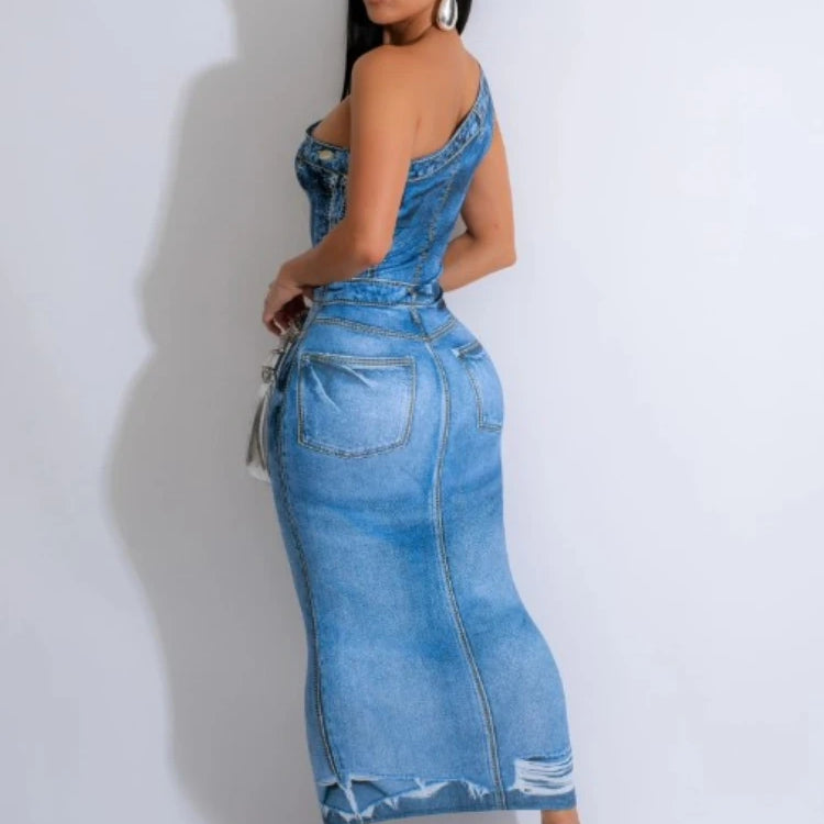 CM.YAYA Women Fake Jean 3D Printed One Shoulder Sleeveless Bodycon Midi Maxi Dress 2024 Club Sexy Party Long Dresses Vestido