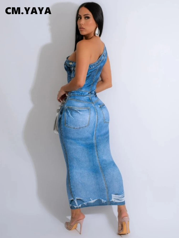 CM.YAYA Women Fake Jean 3D Printed One Shoulder Sleeveless Bodycon Midi Maxi Dress 2024 Club Sexy Party Long Dresses Vestido