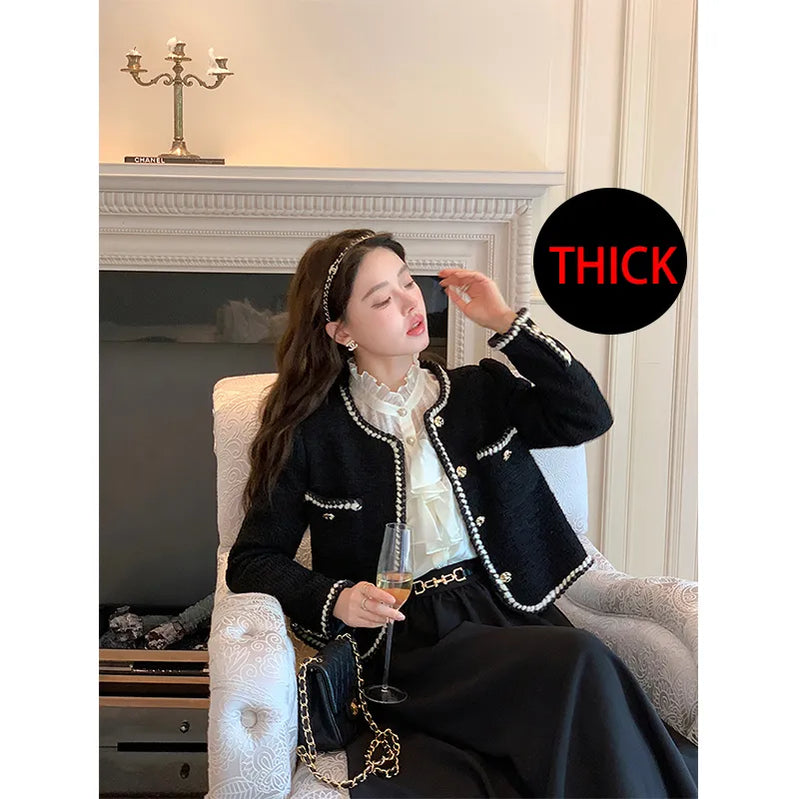 Vintage Jackets Women Black Tweed Cropped Coat Korean Elegant Thicken Single Breasted Blazer Casual Short Outerwear Tops black thicken