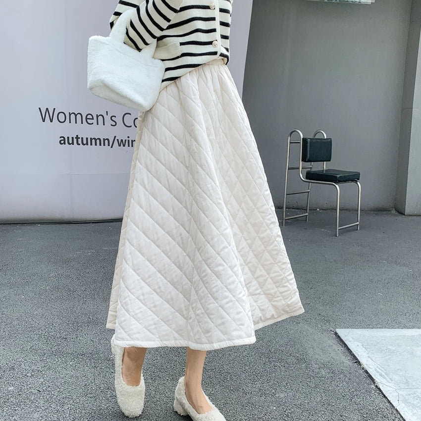 Winter Down Padded A-line Skirt Women Black Solid Pockets Long Skirts Thickening Warm Bottoms Jupe Chic Female Beige