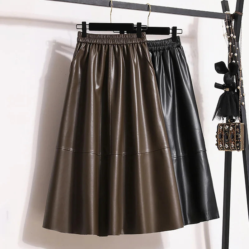 Large Size 4XL Black Long Vintage Faux Leather Skirt Women Autumn Winter Fashion A-Line Skirt Female Elegant PU Skirt