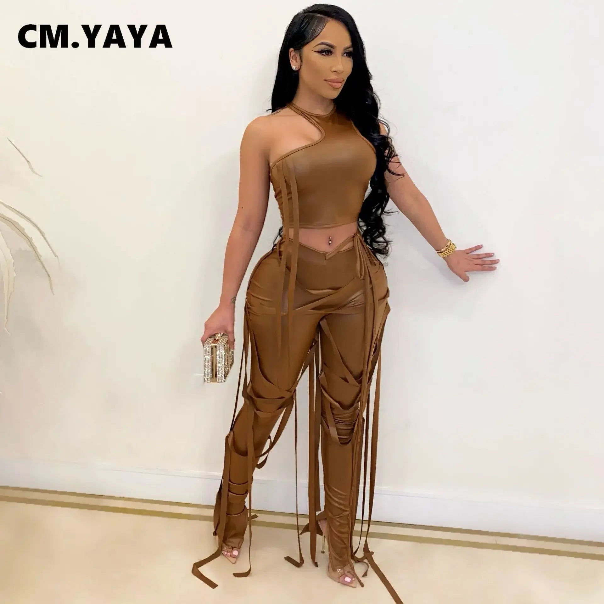 CM.YAYA Faux Leather Women's Set Drawstring Lace Up Slit Leggings Pants Suit and Crop Top Street Tracksuit Two Piece Set Outfit