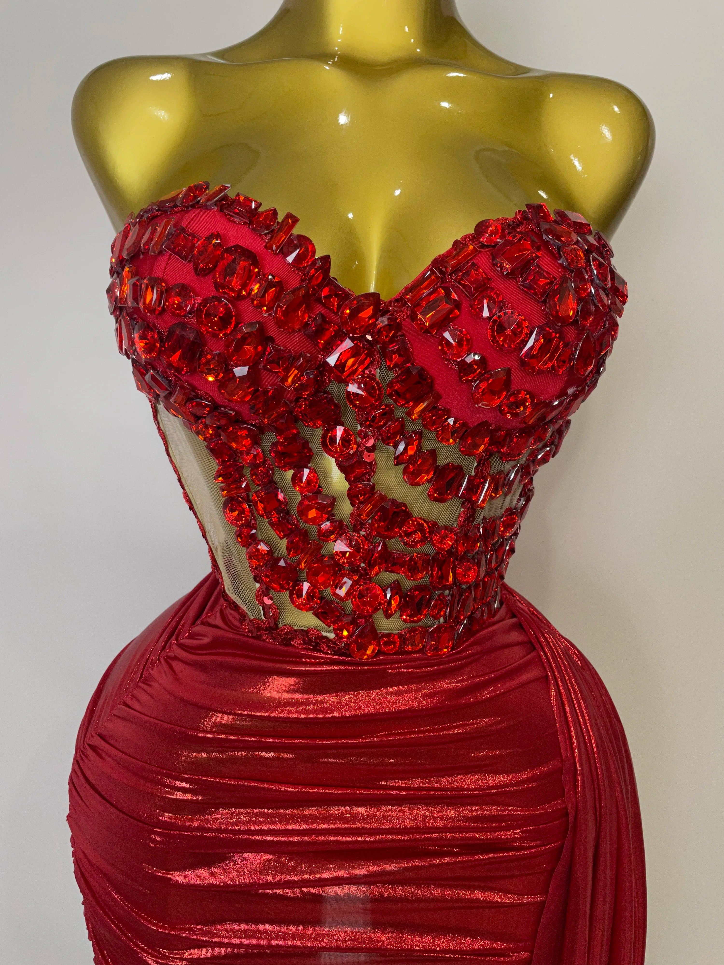 Sparkly Red Diamonds Two Piece Set Sexy Strapless Backless Women Outfit Evening Party Nightclub Stage Performance Dance Costume