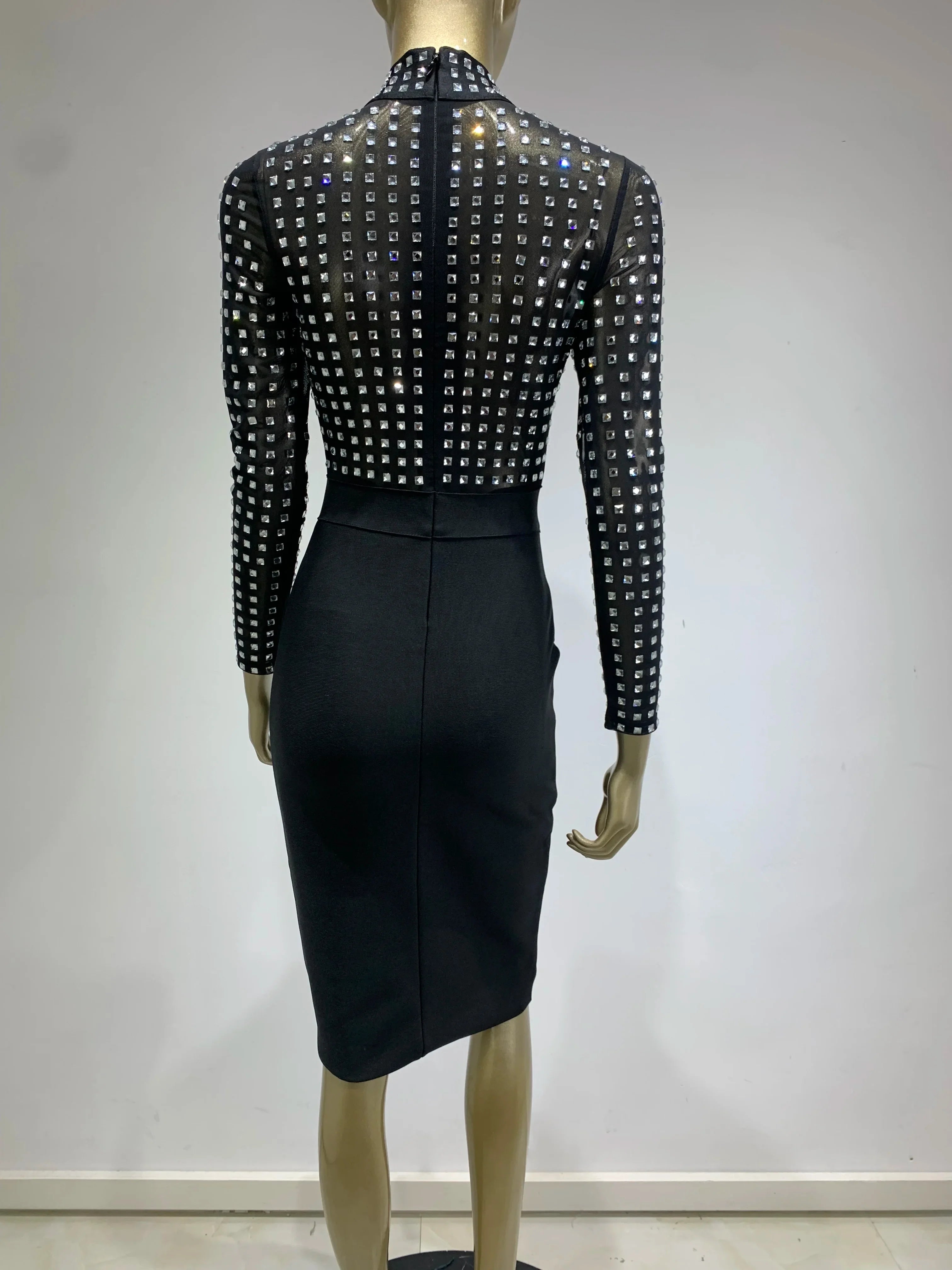 est Women Celebrity Sexy Turtleneck Rhinestone Black Midi Bodycon Bandage Dress Elegant Evening Club Party Dress