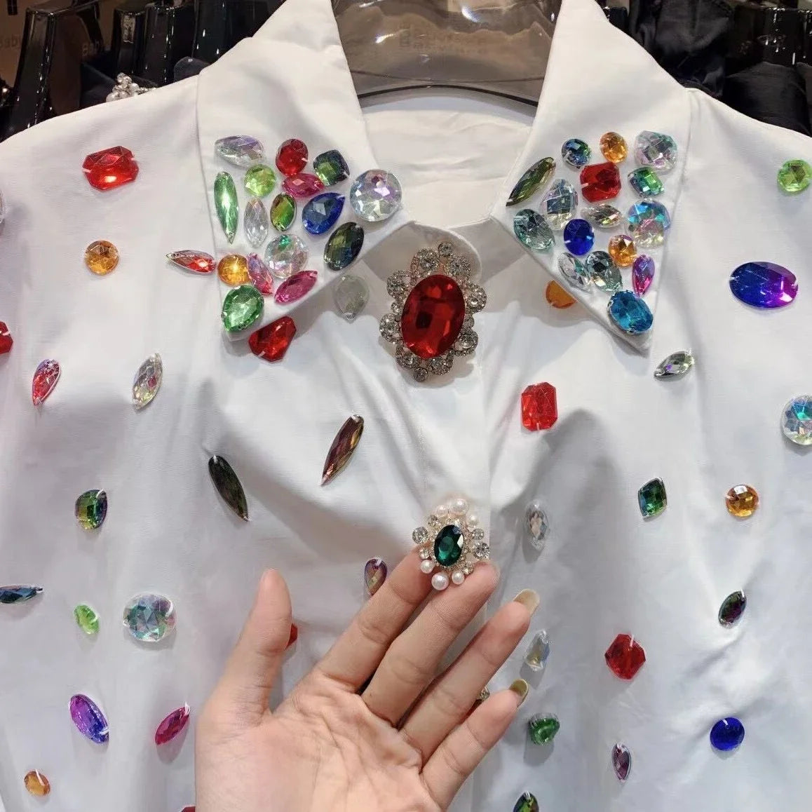 Female Rainbow Color Diamonds Shirts Rhinestones Beaded White Blouse Spring Fall Single Breasted Vintage OL Cardigan Tops Blusas - Basso & Brooke