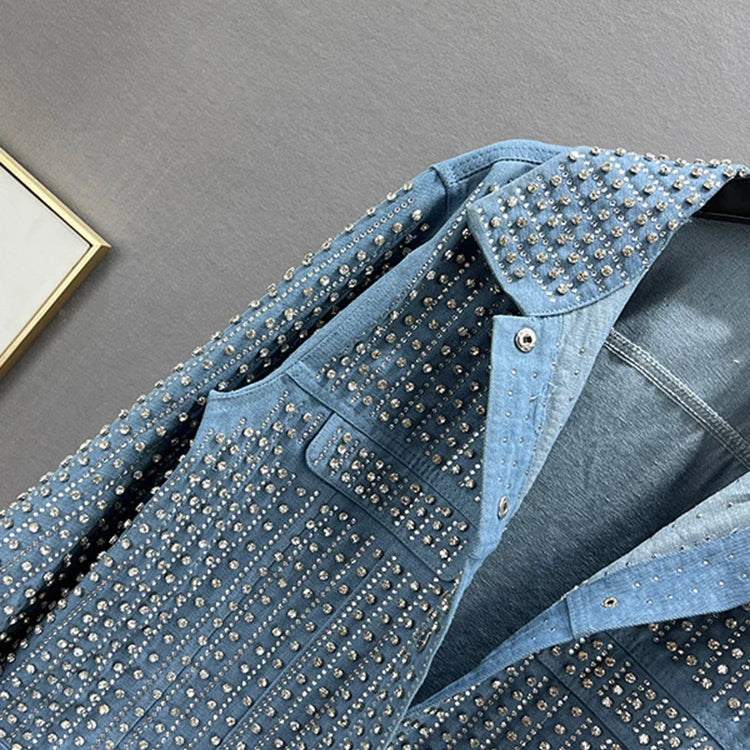 Streetwear Patchwork Rivet Denim Jacket Women Fashion Lapel Long Sleeve Loose Coats Female Outerwear Autumn Trend