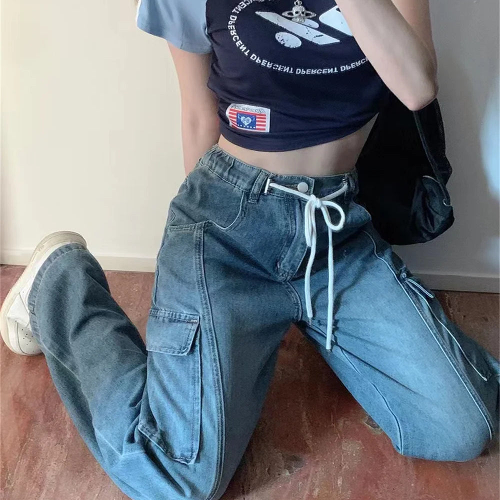 Retro loose drawstring elastic waist thin multi-pocket overalls straight wide leg jeans women's new summer tide