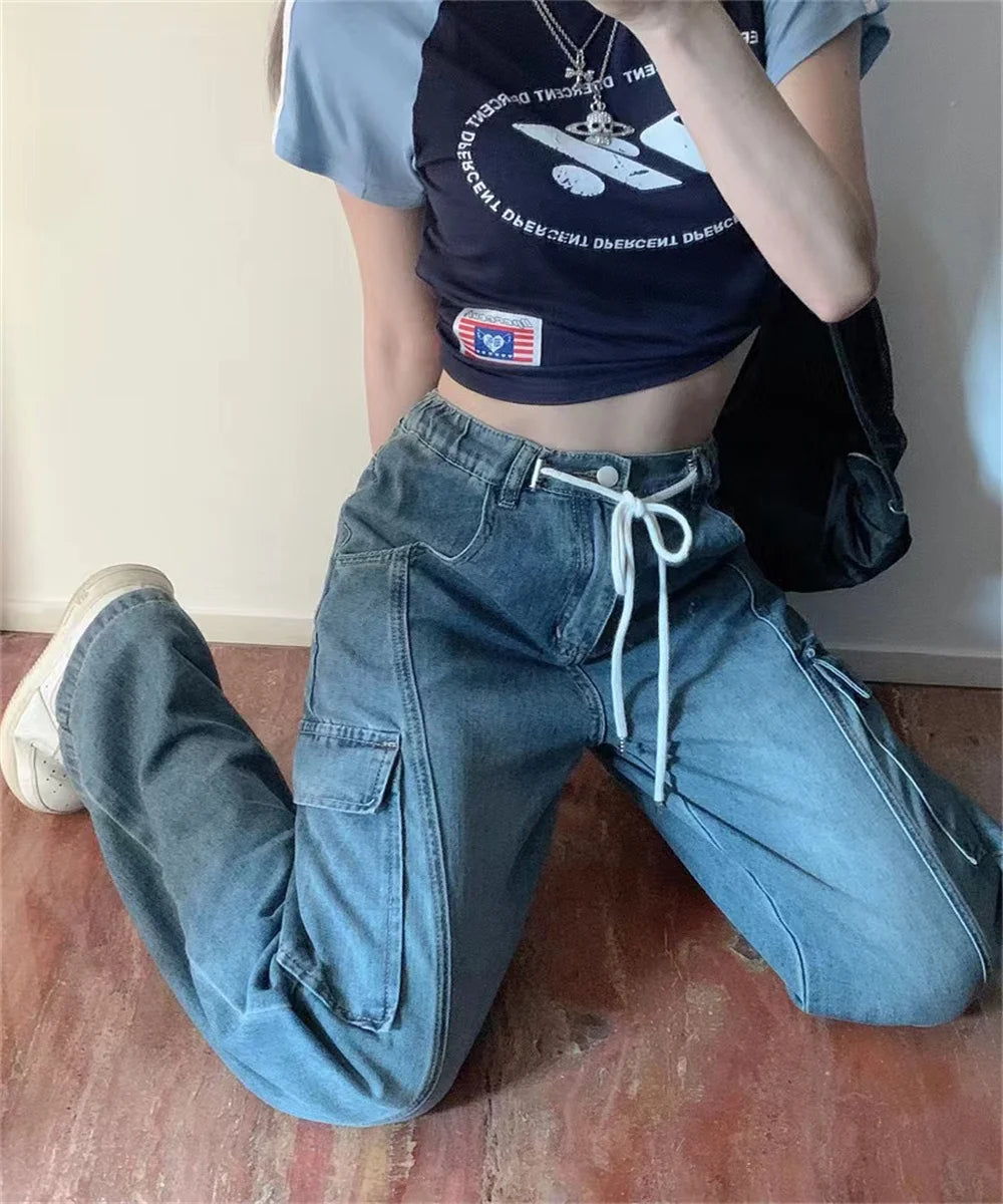 Retro loose drawstring elastic waist thin multi-pocket overalls straight wide leg jeans women's new summer tide