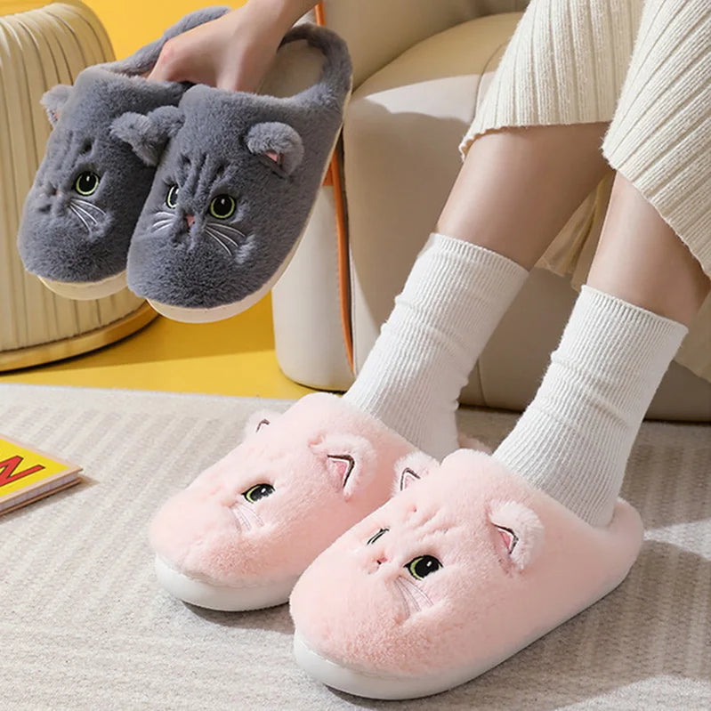 Lovely Cute Cat Slippers Fluffy Furry Women Home Platform Slippers Men Winter Plush Slides Indoor Fuzzy Slippers Cotton Shoes