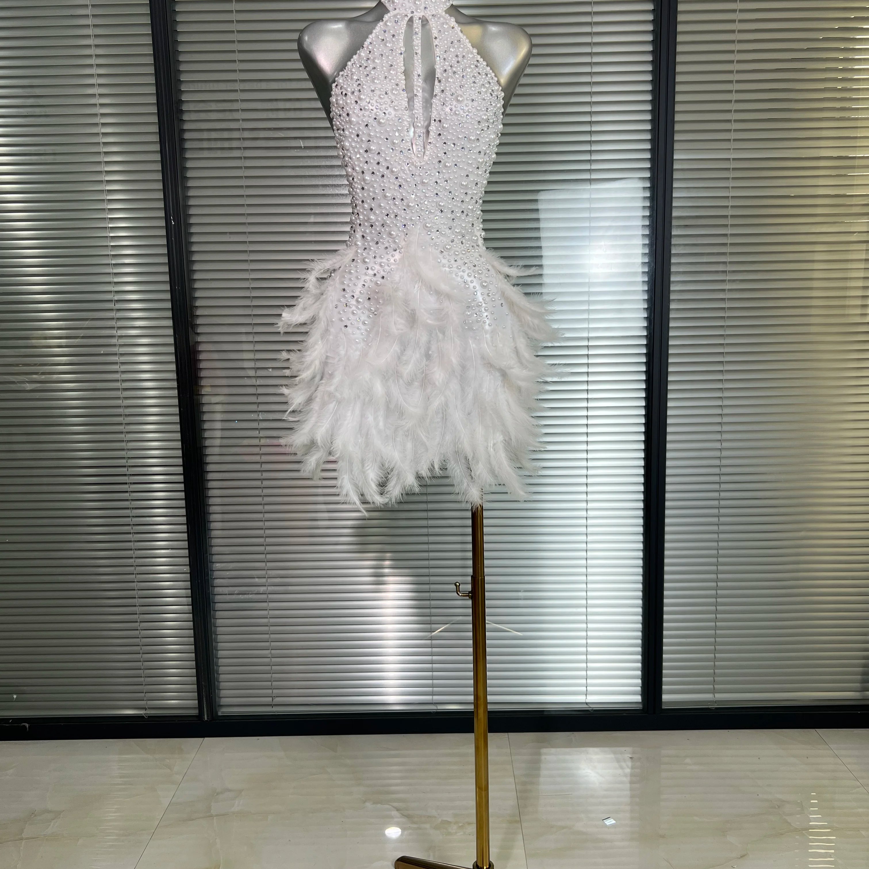 Women Sexy White Backless Mesh Crystal Diamonds Feathers Performance Costume Stage Dancer Mini Stretchy Night Club Party Dress
