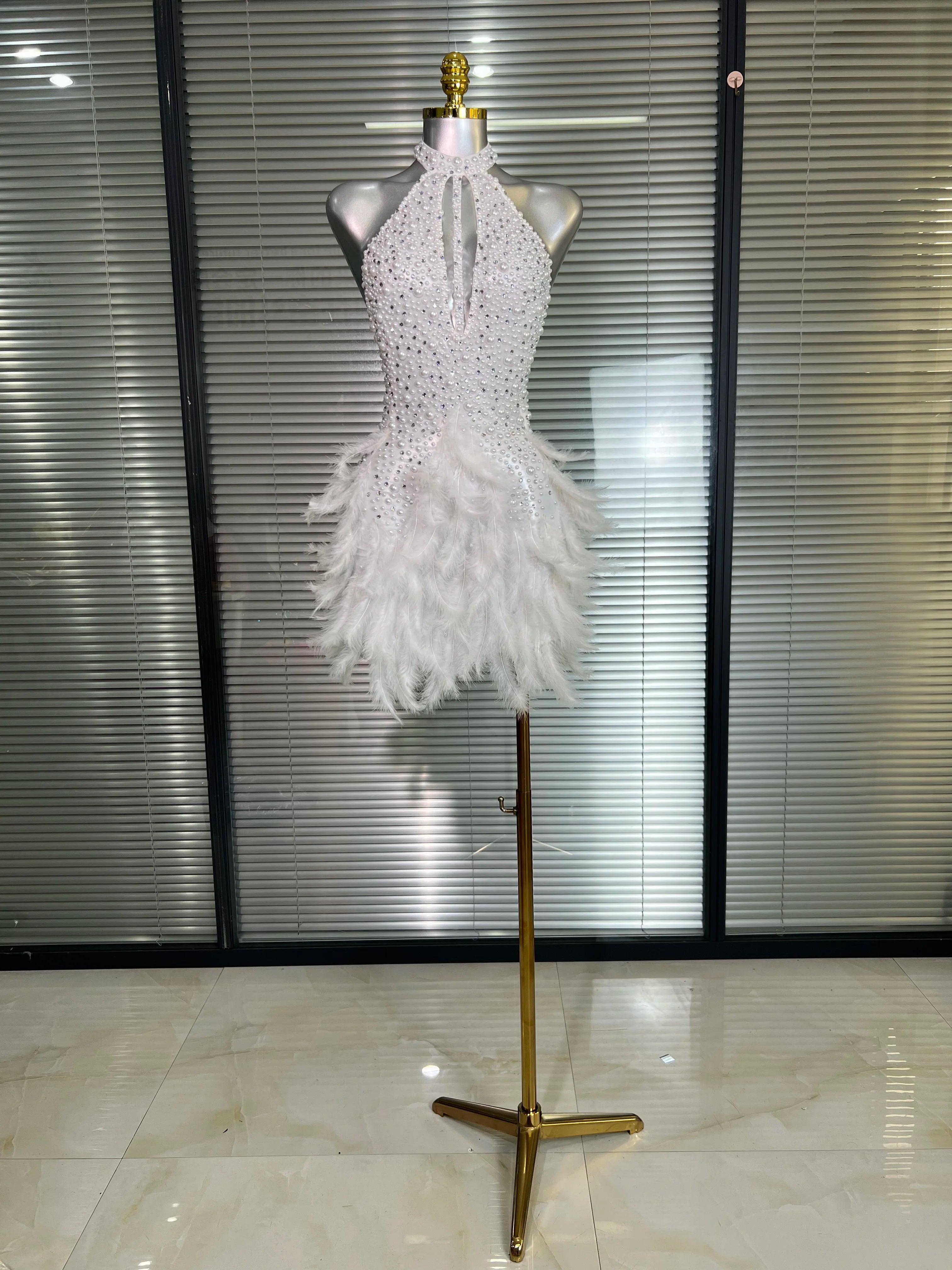 Women Sexy White Backless Mesh Crystal Diamonds Feathers Performance Costume Stage Dancer Mini Stretchy Night Club Party Dress